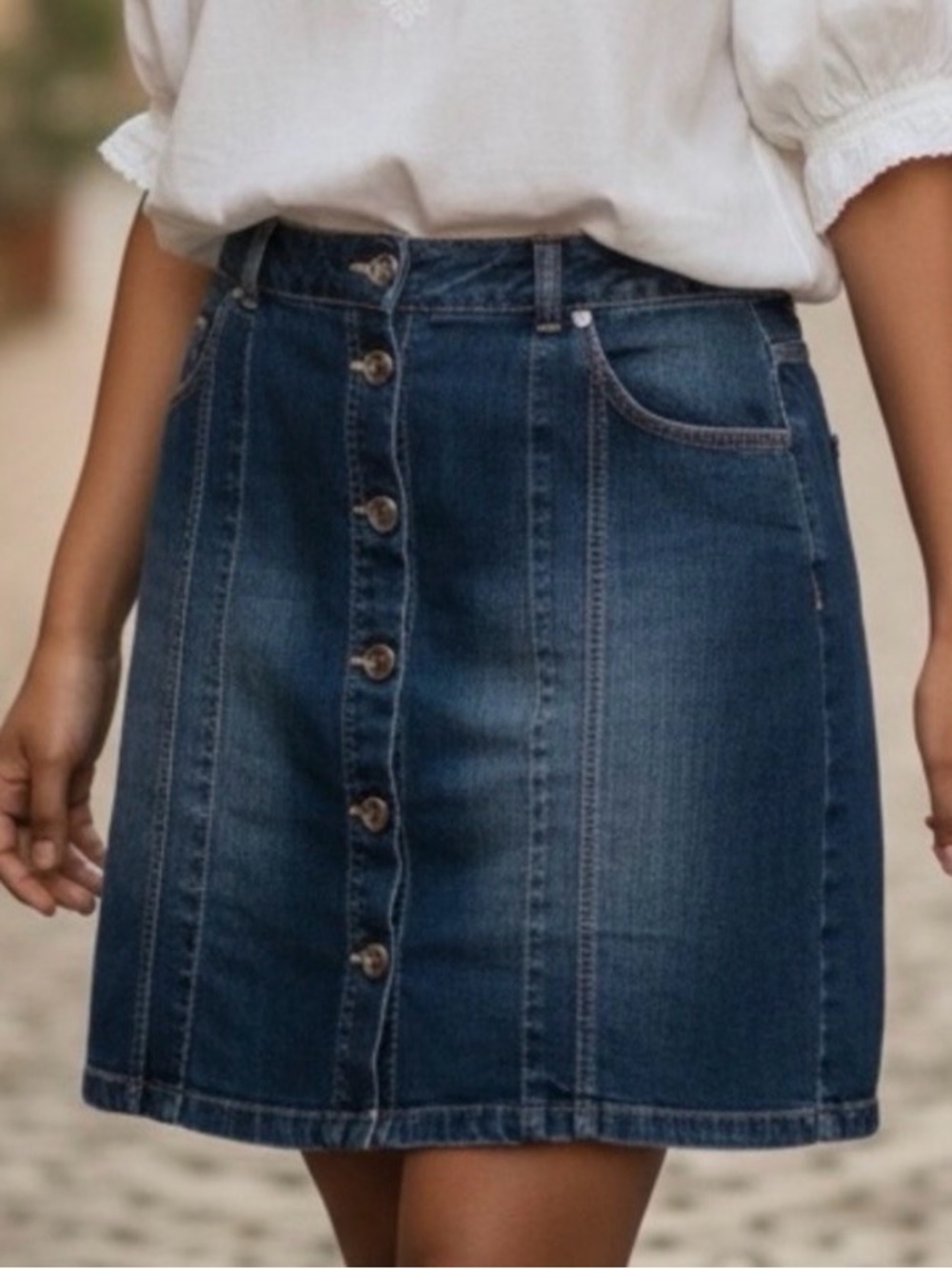 👛(ANY 2/$30) Vintage CONTRAST Denim Skirt 2 Front Pockets CHECK MEASUREMENTS